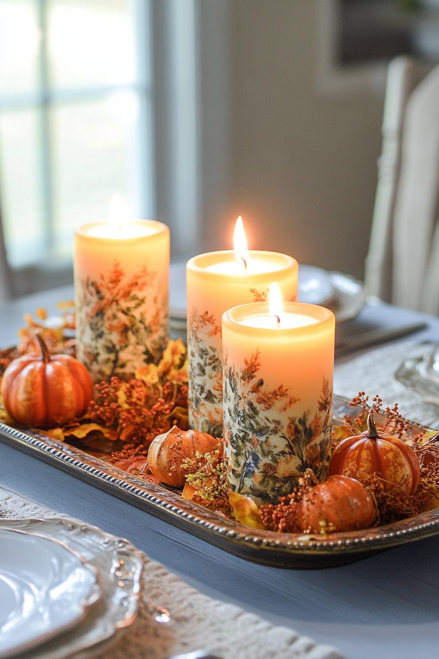 fall decor table centerpiece with vintage tray with candles