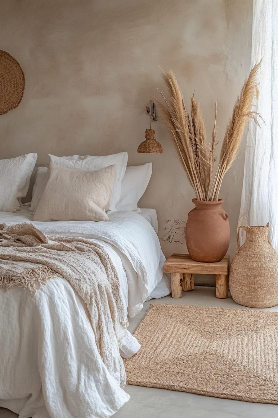 modern boho bedroom interior decor with clay vases 1