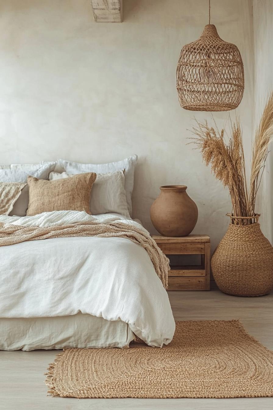 modern boho bedroom interior decor with clay vases 2