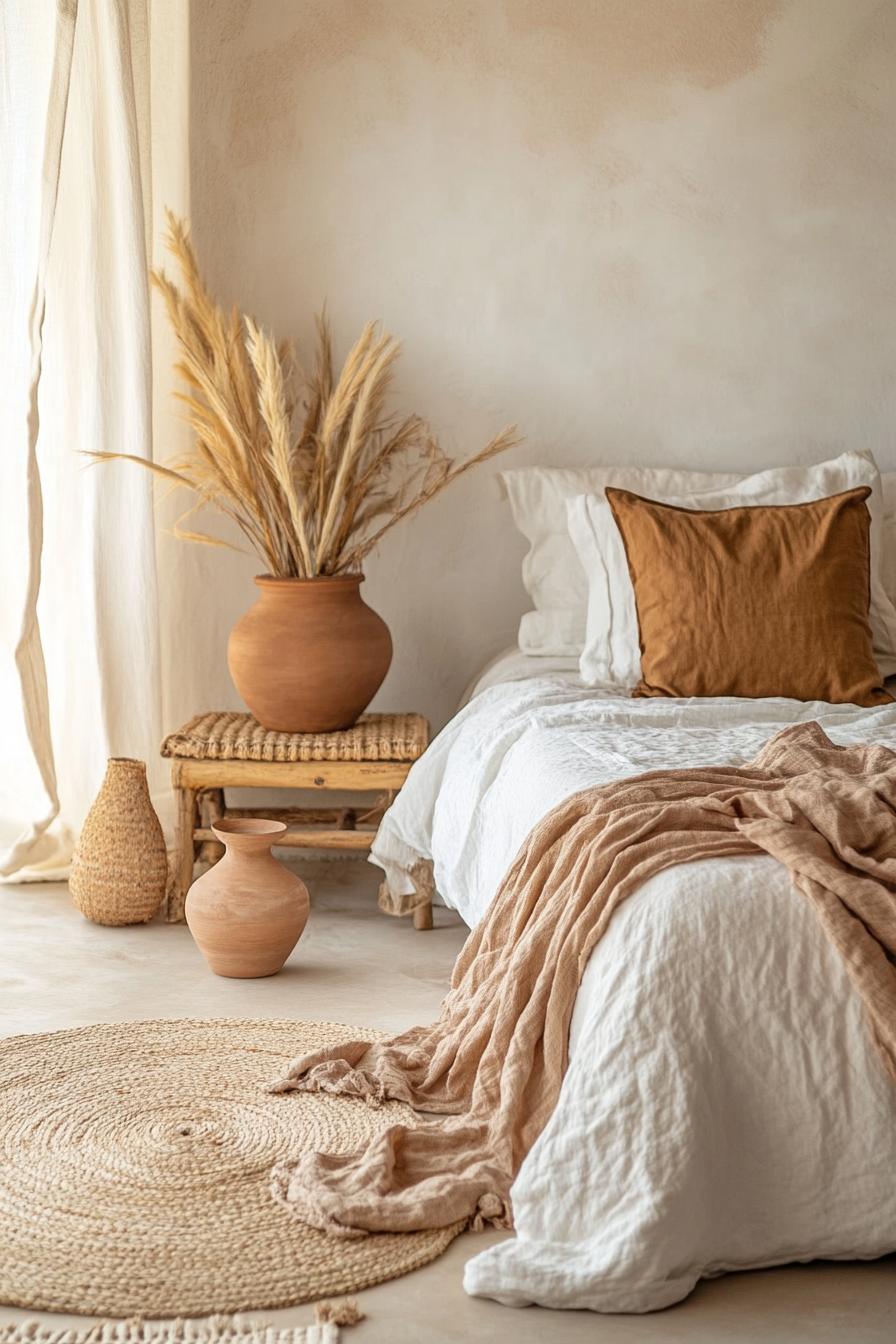 modern boho bedroom interior decor with clay vases 3