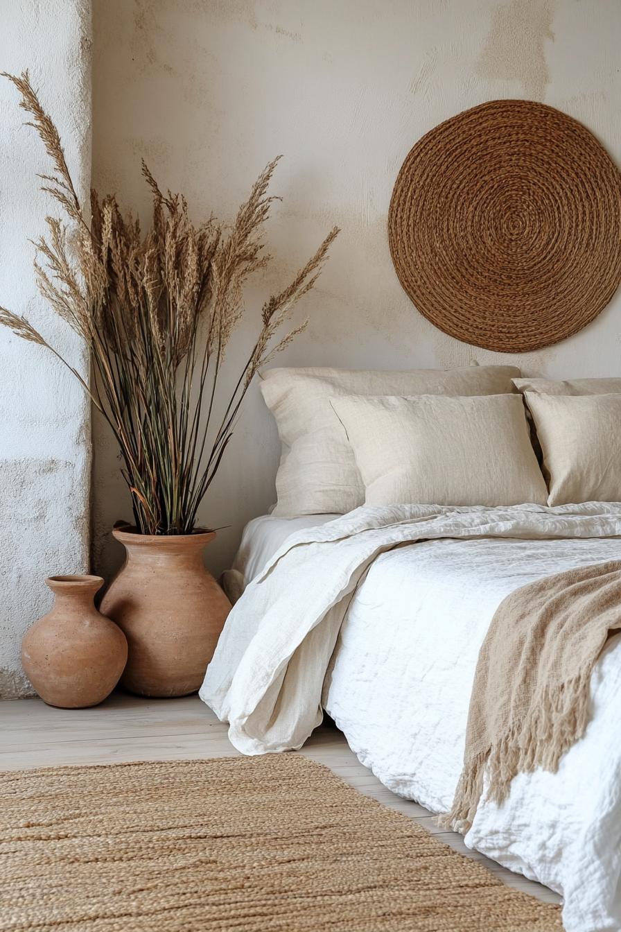 modern boho bedroom interior decor with clay vases