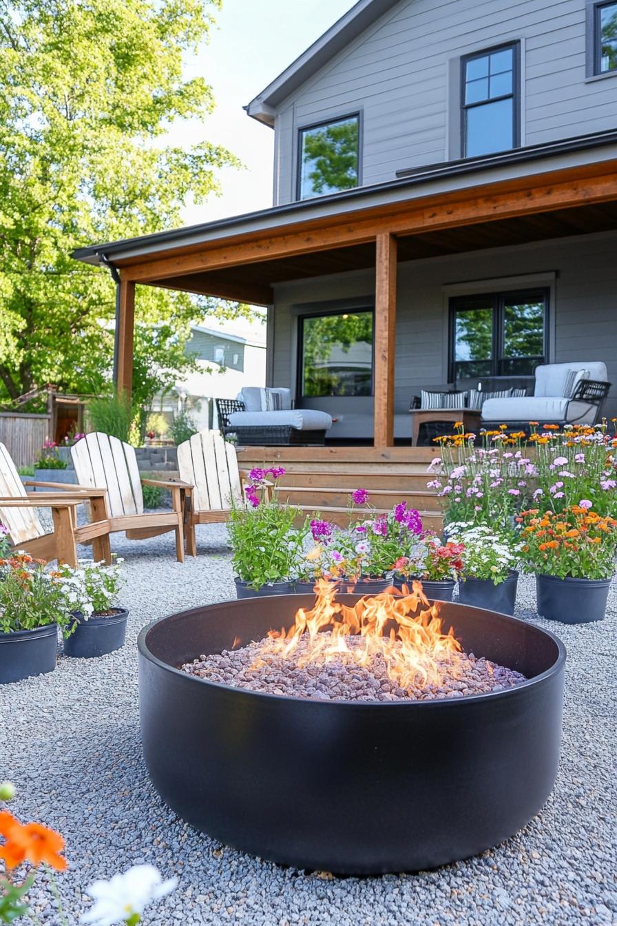 modern farmhouse backyard firepit area surrounded by flower planters 1