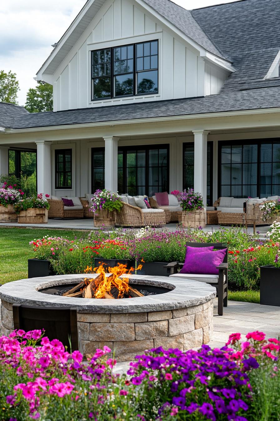 modern farmhouse backyard firepit area surrounded by flower planters 2