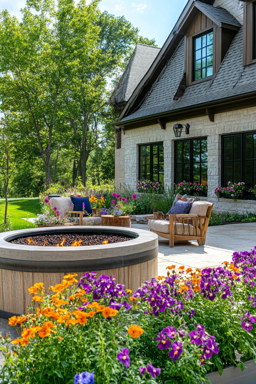 modern farmhouse backyard firepit area surrounded by flower planters 3