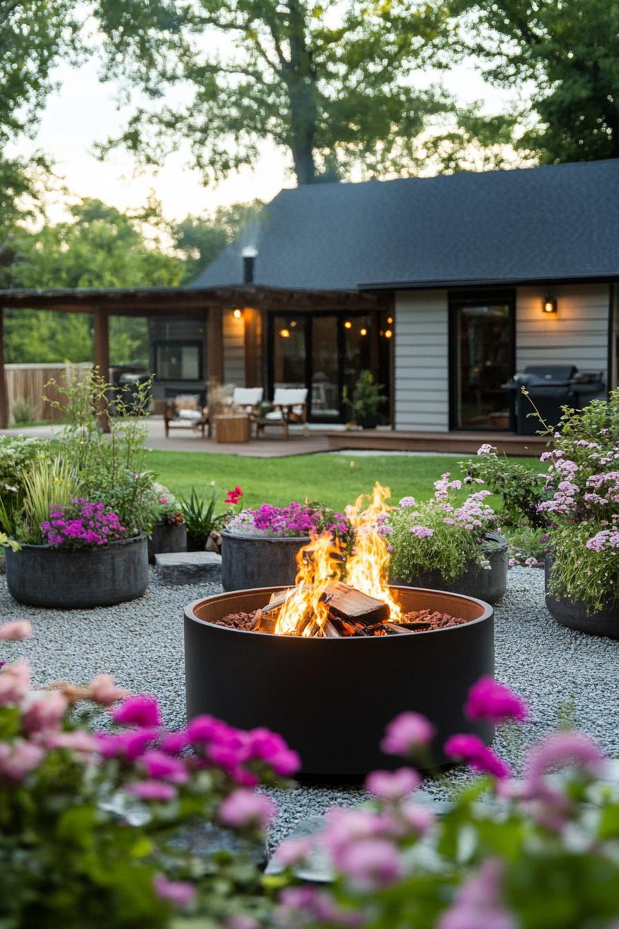 modern farmhouse backyard firepit area surrounded by flower planters