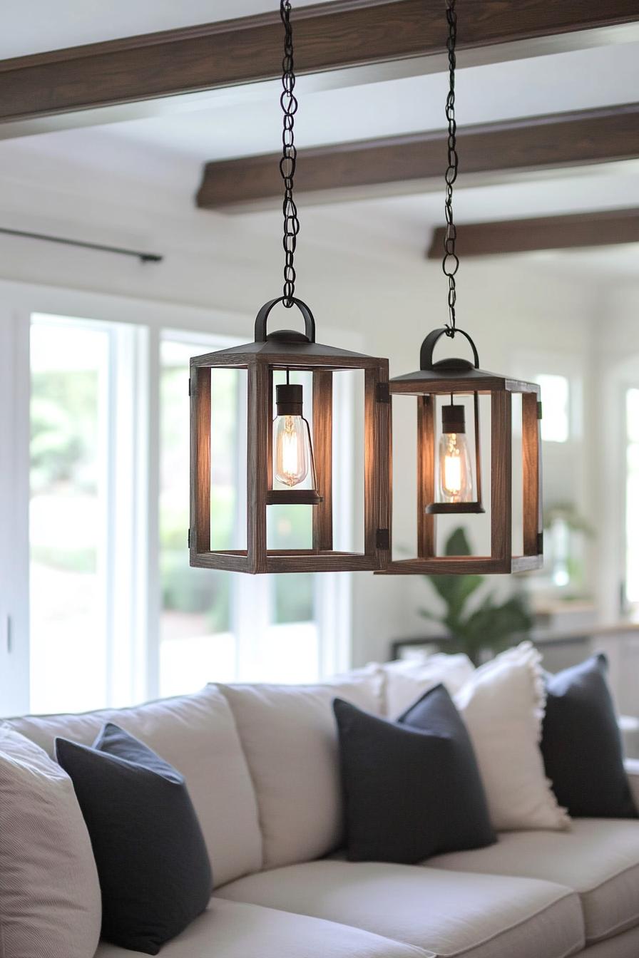 modern farmhouse interior living room decor with farmhouse lanterns with LED lights 1