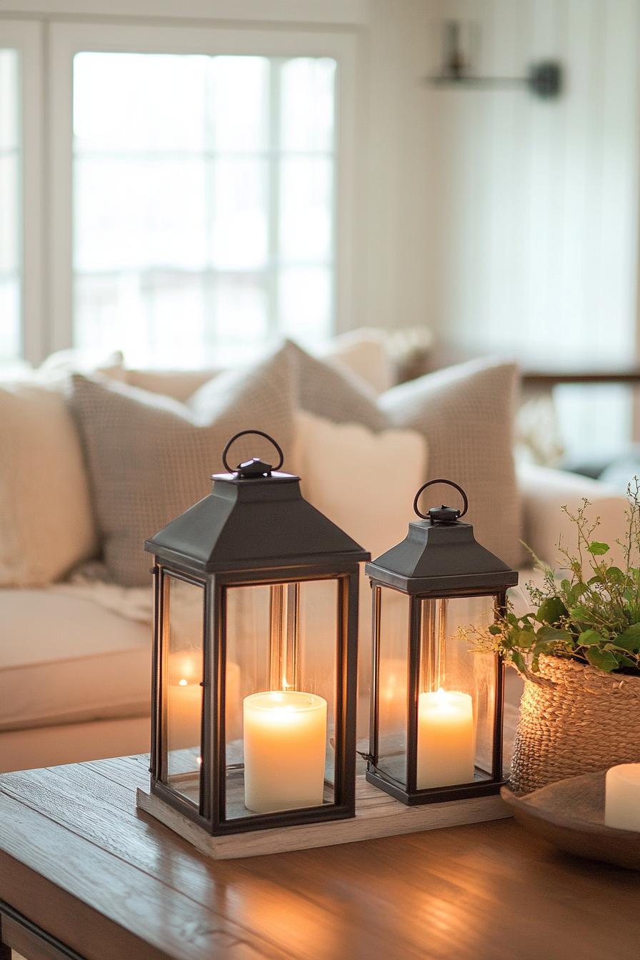 modern farmhouse interior living room decor with farmhouse lanterns with LED lights 3