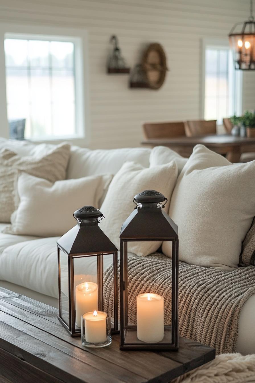 modern farmhouse interior living room decor with farmhouse lanterns with LED lights