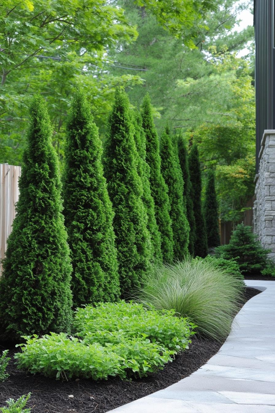 modern garden landscape with evergreen privacy screen