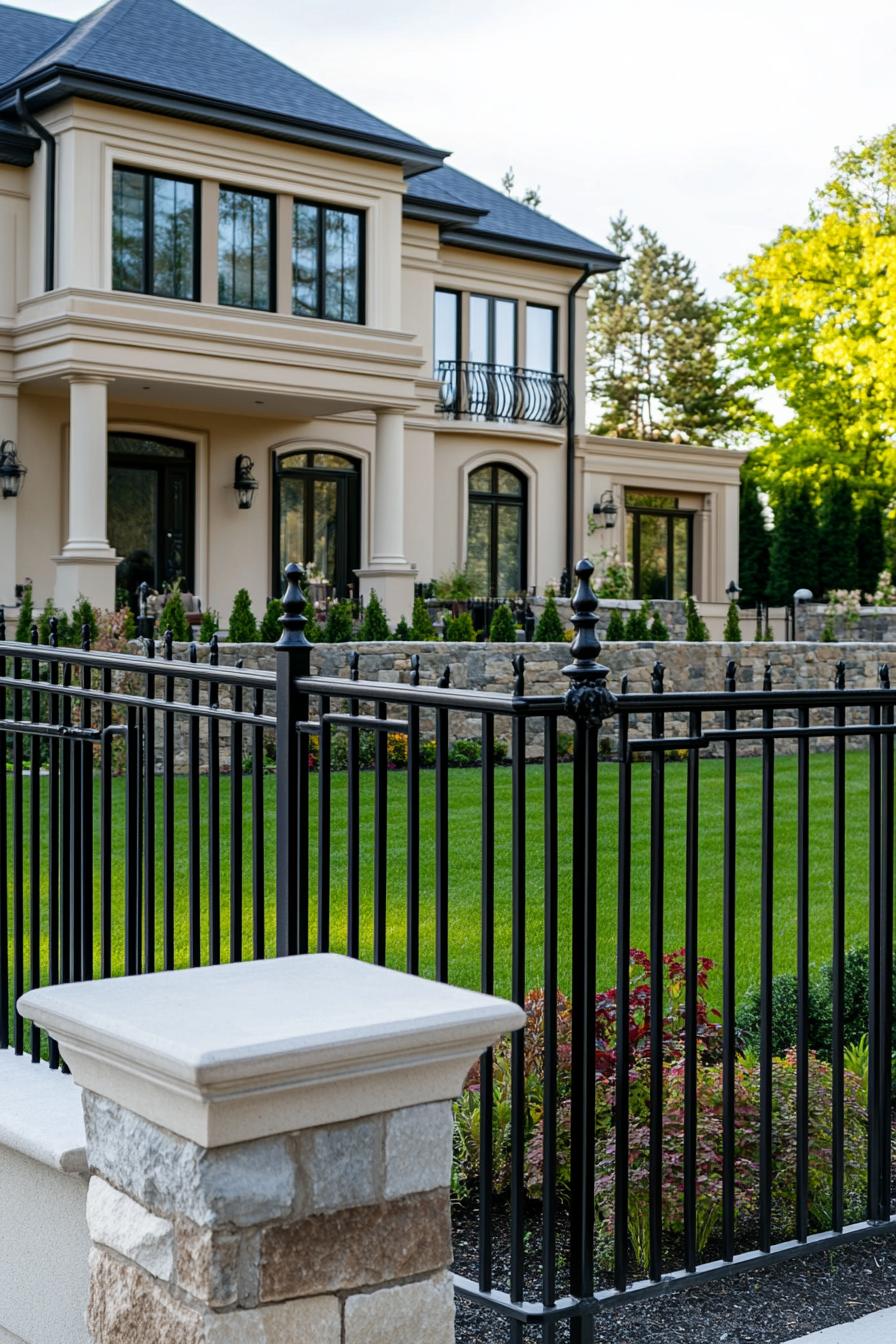 modern house front yard stone and ornamental wrought iron fence wide view 1