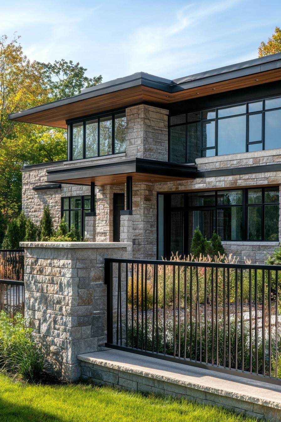 modern house front yard stone and ornamental wrought iron fence wide view 2