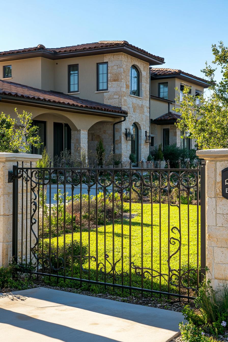 modern house front yard stone and ornamental wrought iron fence wide view 3