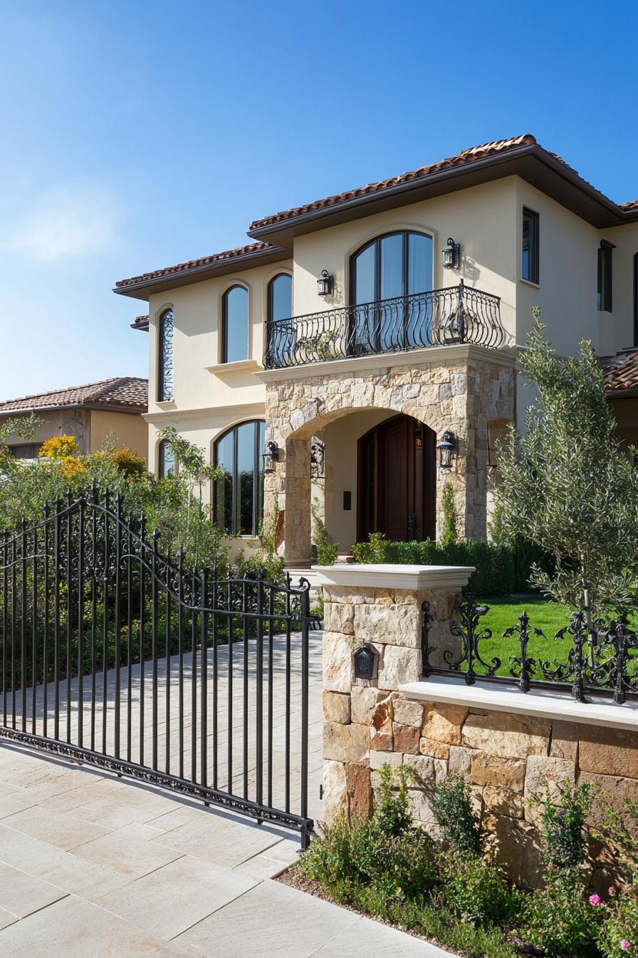 modern house front yard stone and ornamental wrought iron fence wide view