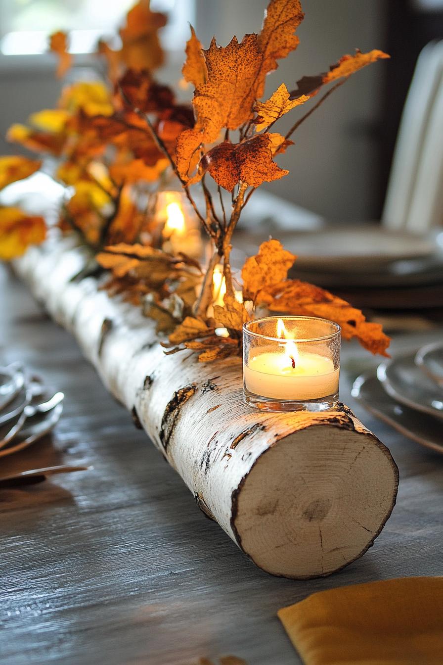 rustic birch log candle holder decorating a table for fall home decor 1