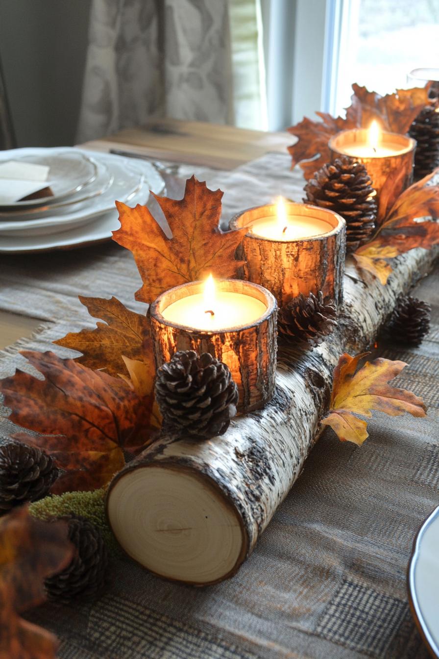 rustic birch log candle holder decorating a table for fall home decor 2