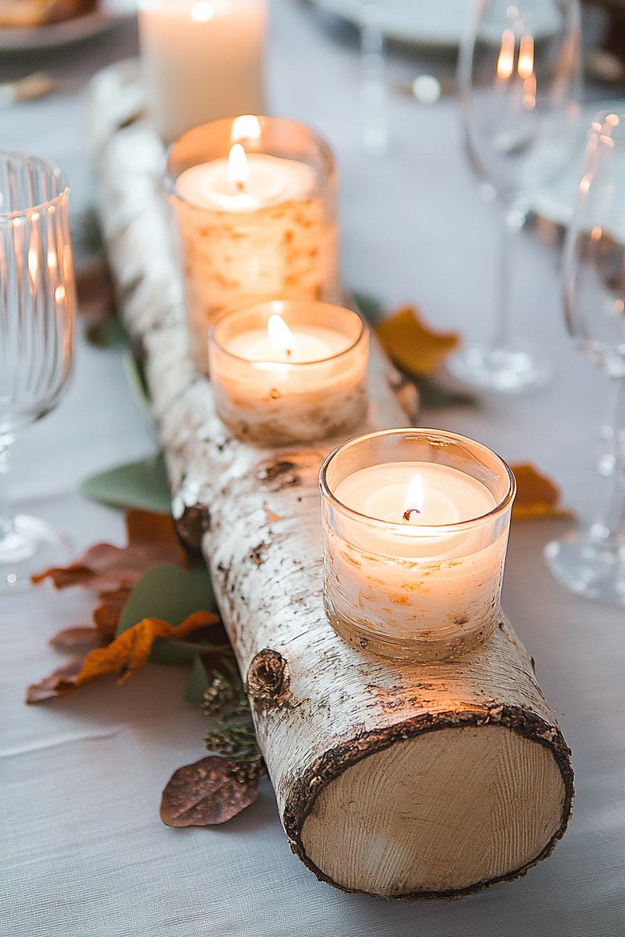 rustic birch log candle holder decorating a table for fall home decor 3