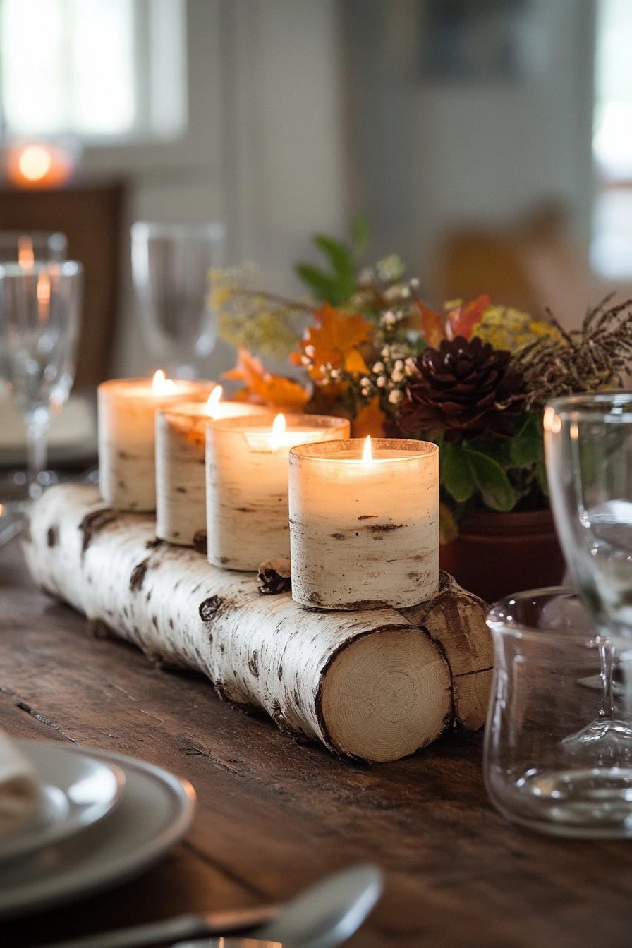 rustic birch log candle holder decorating a table for fall home decor