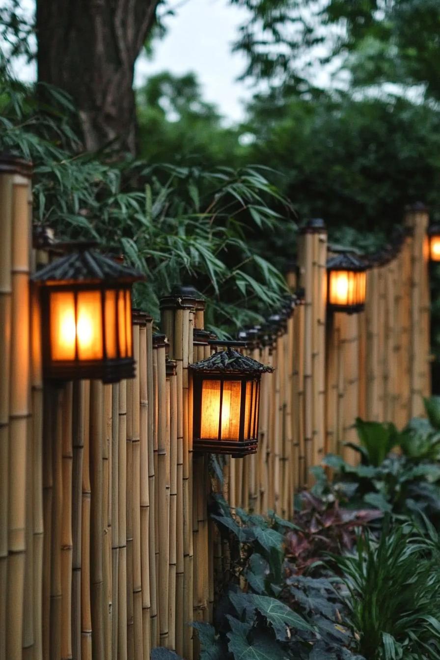 bamboo fence with solar lights backyard privacy seating section