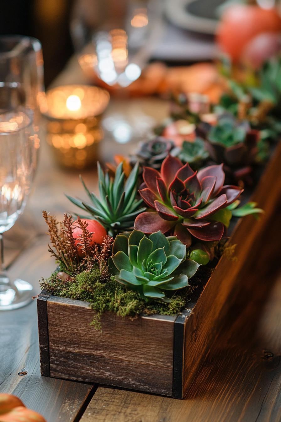 fall decor table centerpiece with rustic wooden box with succulents and moss 1