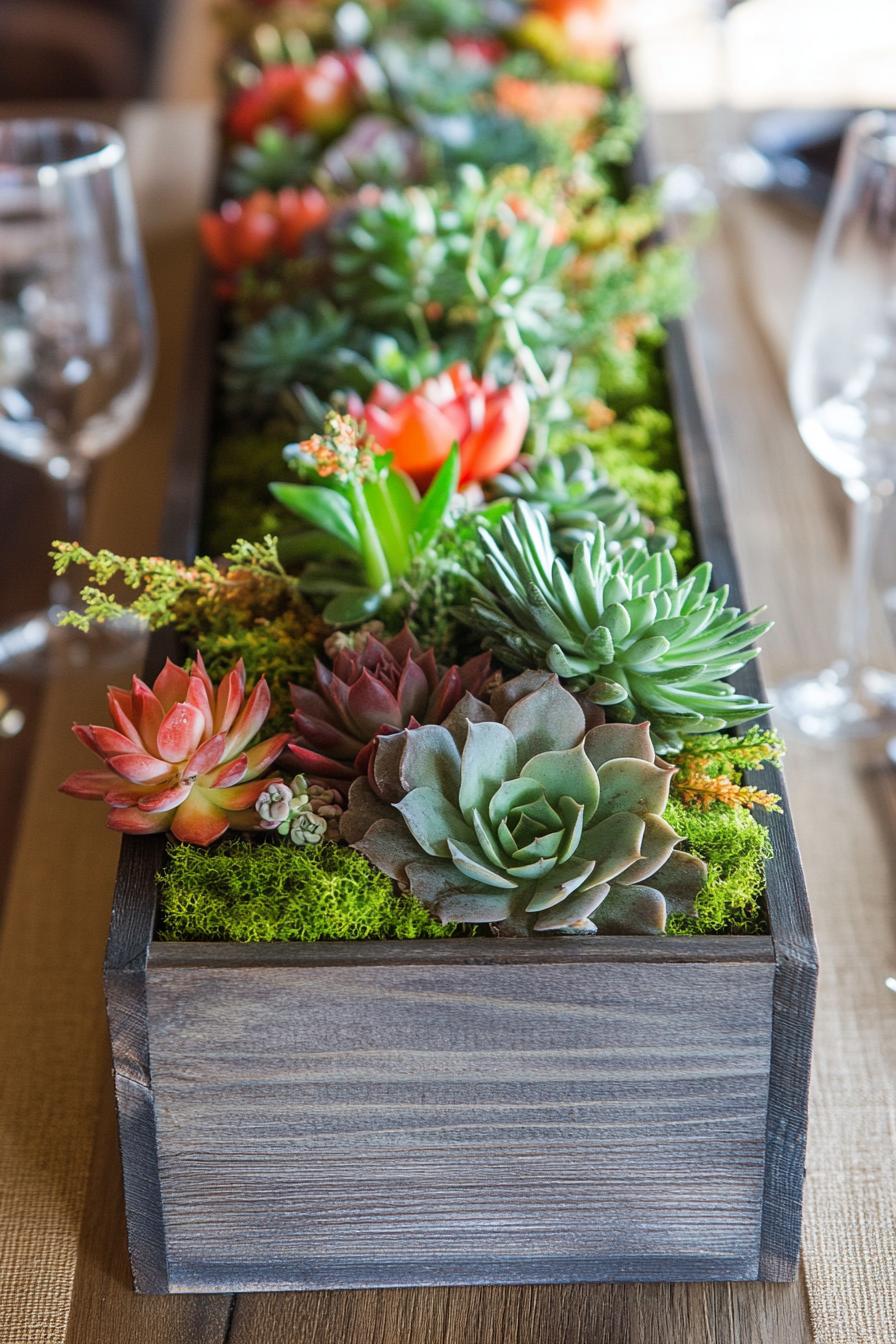 fall decor table centerpiece with rustic wooden box with succulents and moss 2