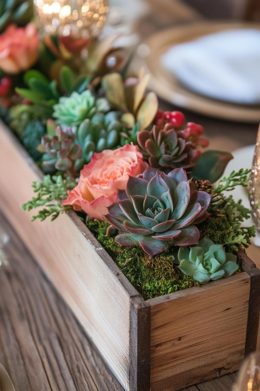 fall decor table centerpiece with rustic wooden box with succulents and moss 3