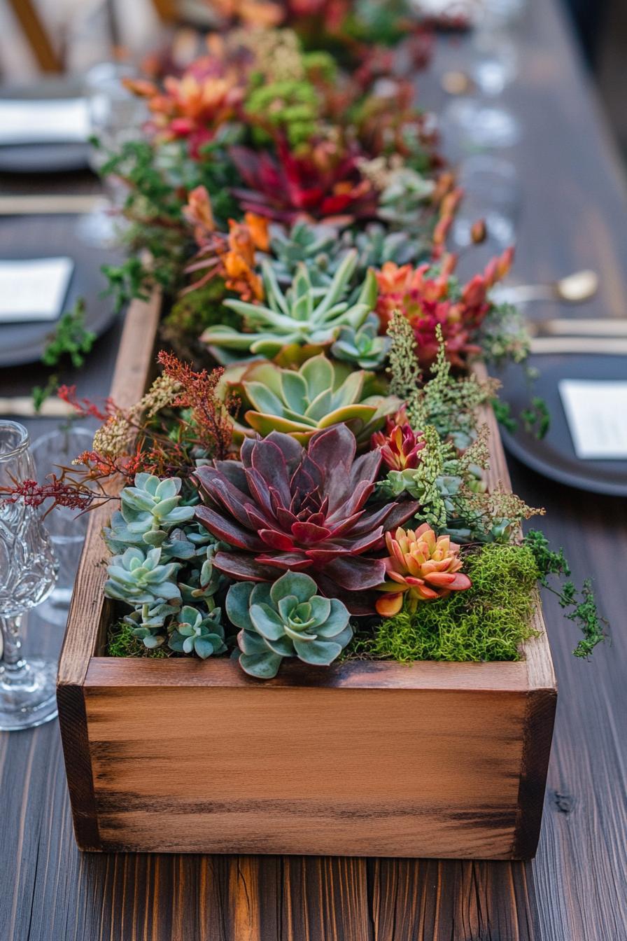 fall decor table centerpiece with rustic wooden box with succulents and moss