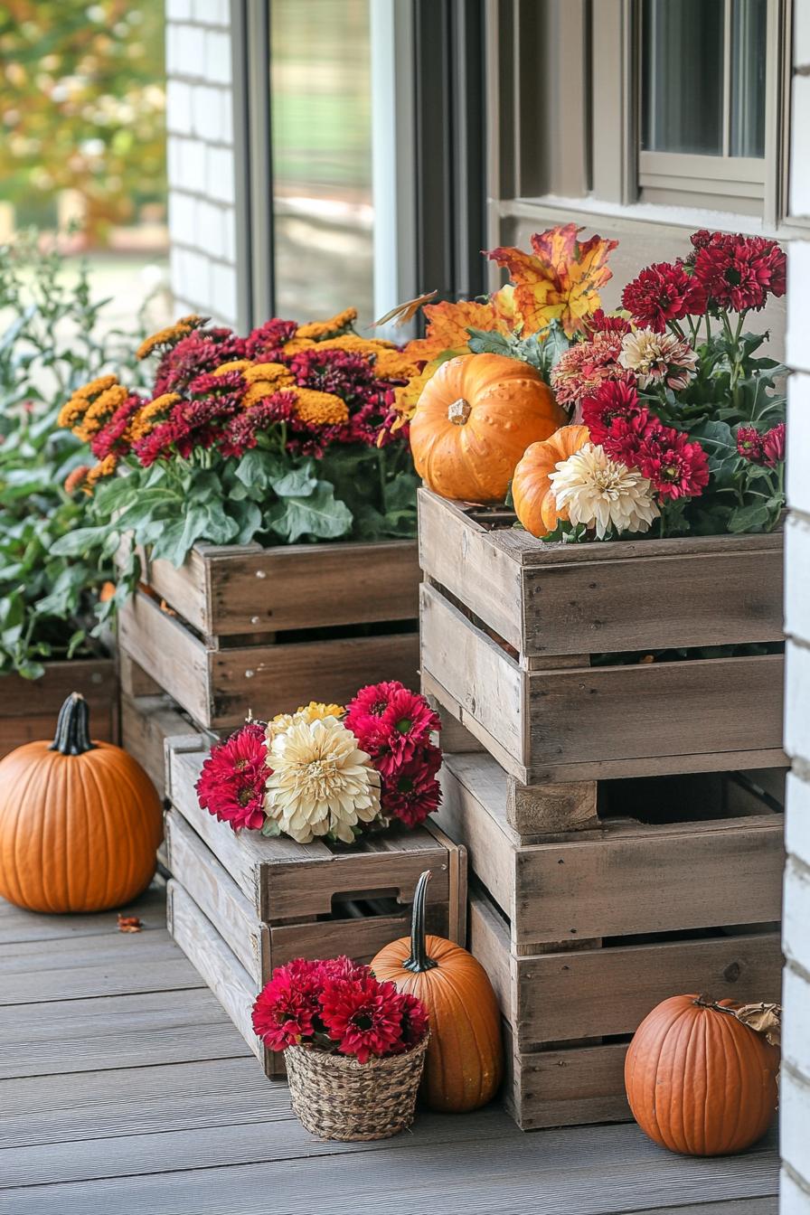 fall patio decor with wooden crates with colorful gourds and fall flowers 1