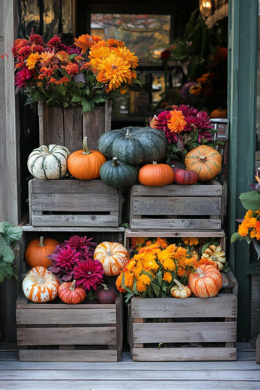 fall patio decor with wooden crates with colorful gourds and fall flowers 2