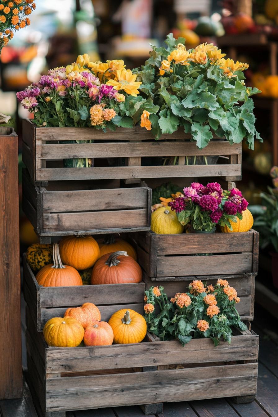 fall patio decor with wooden crates with colorful gourds and fall flowers 3