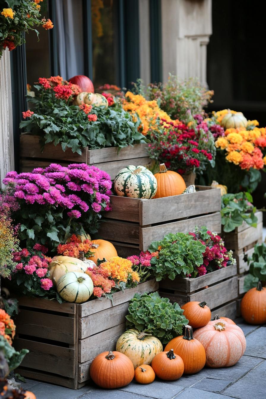 fall patio decor with wooden crates with colorful gourds and fall flowers