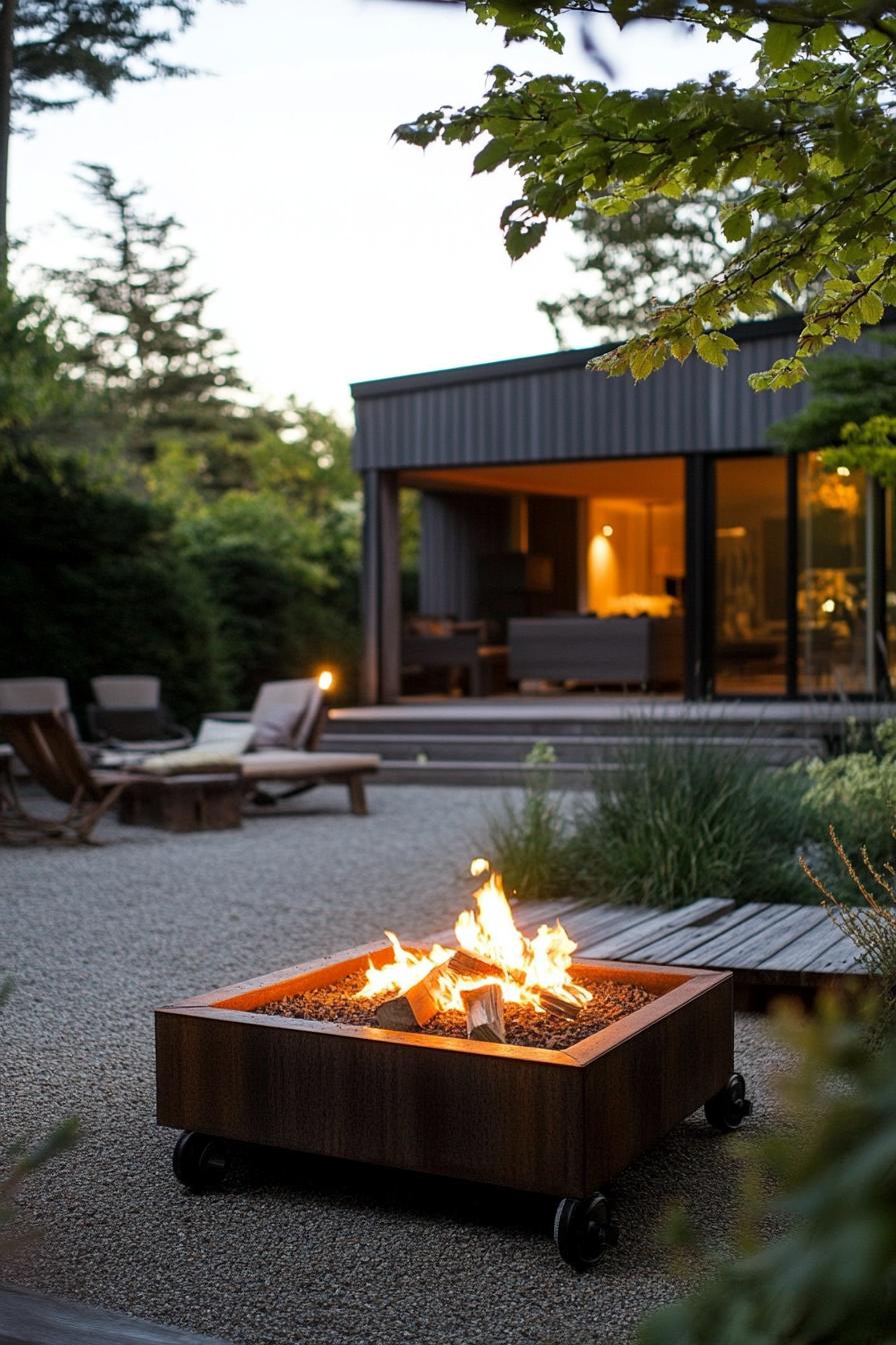 modern backyard with rustic firepit on wheels