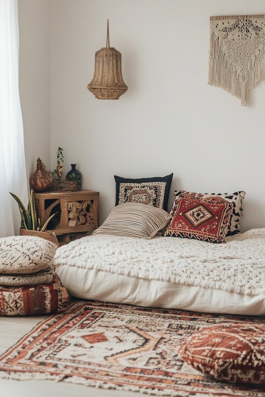 modern boho bedroom interior with bohemian floor cushions 1