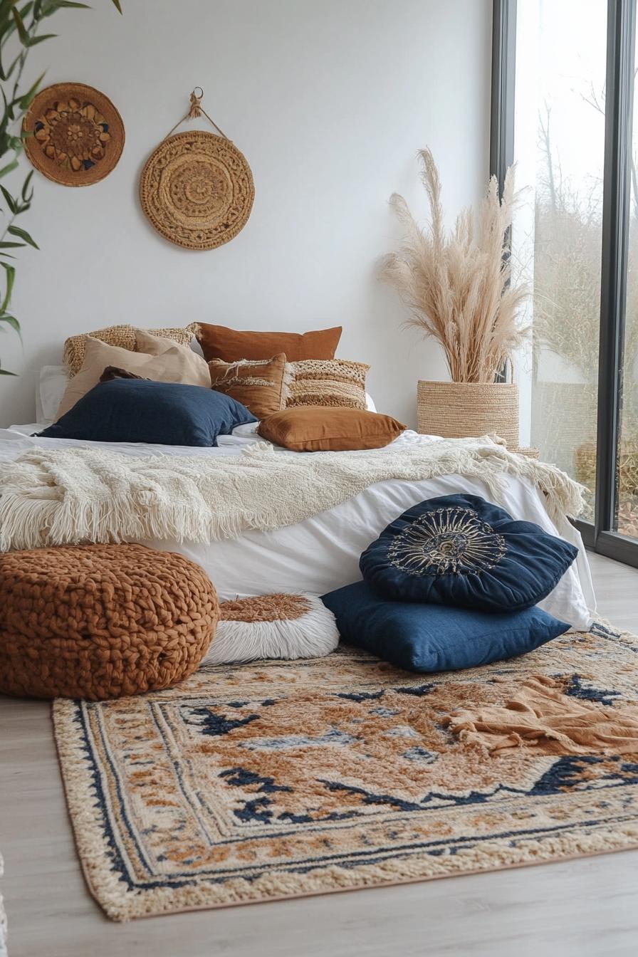 modern boho bedroom interior with bohemian floor cushions 2