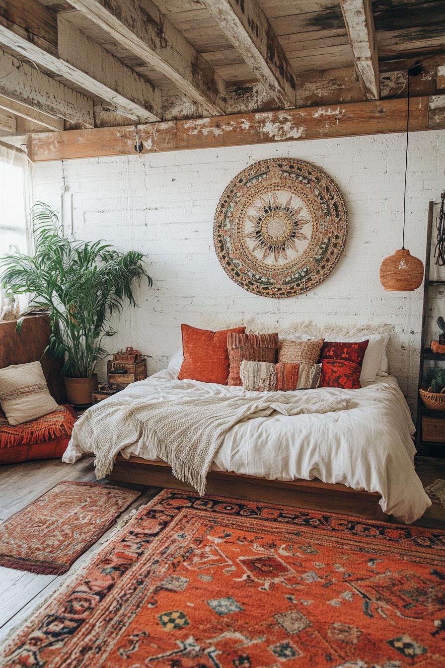 modern boho bedroom interior with bohemian floor cushions 3