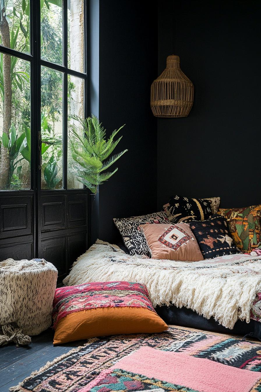 modern boho bedroom interior with bohemian floor cushions