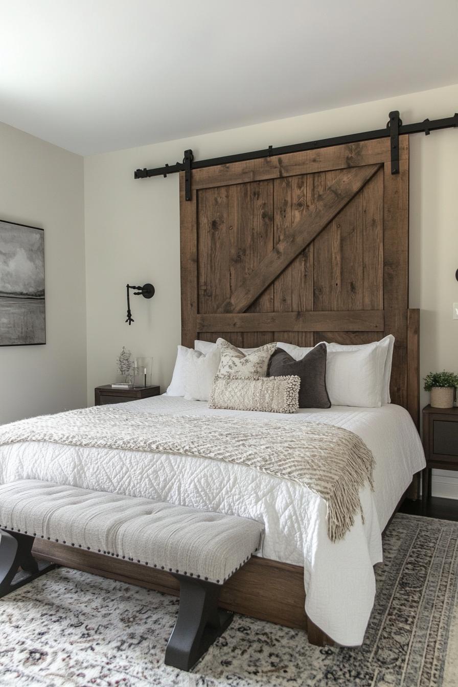 modern farmhouse interior bedroom anqitue barn door headboard 1