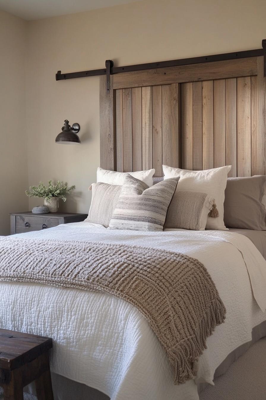 modern farmhouse interior bedroom anqitue barn door headboard