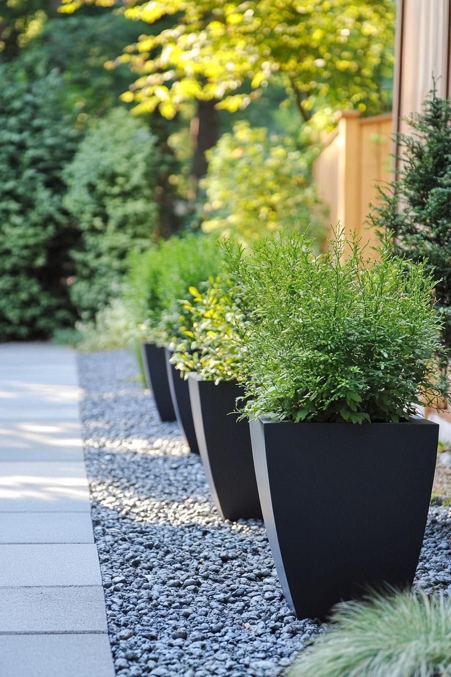 modern garden landscape with evergreen containers