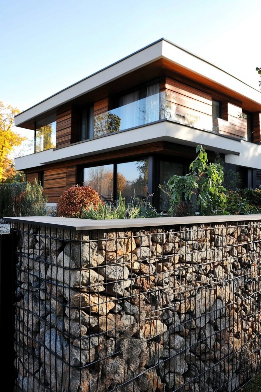 modern house front fence gabion wide view 1