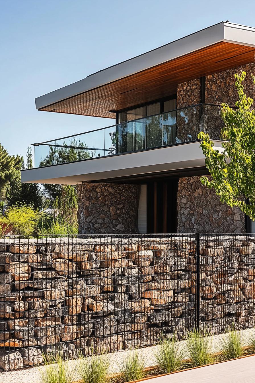 modern house front fence gabion wide view 2