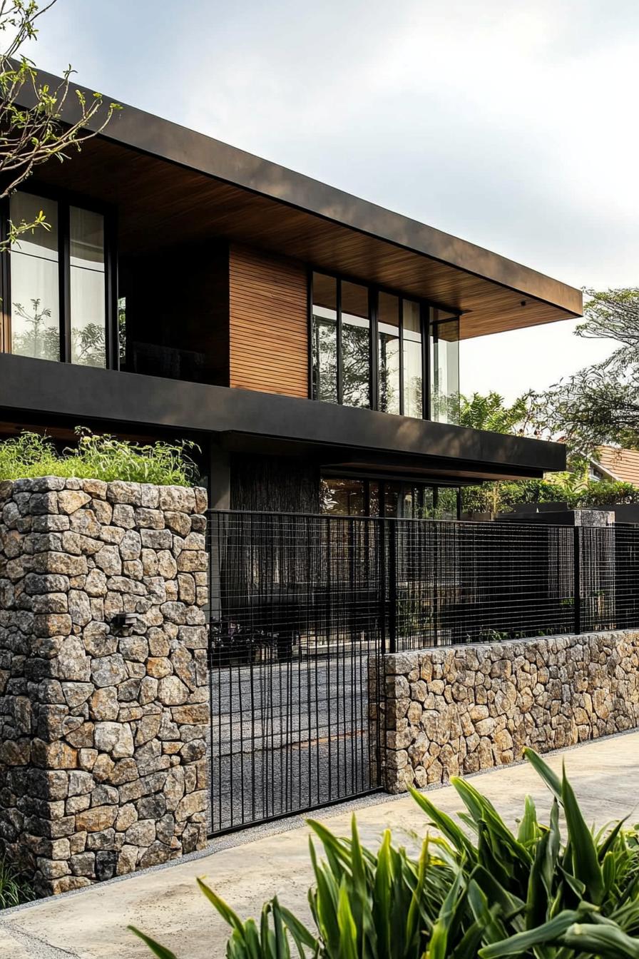 modern house front fence gabion wide view 3