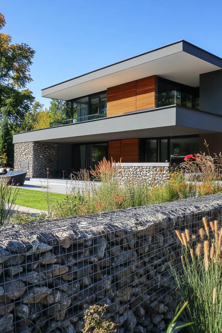 modern house front fence gabion wide view