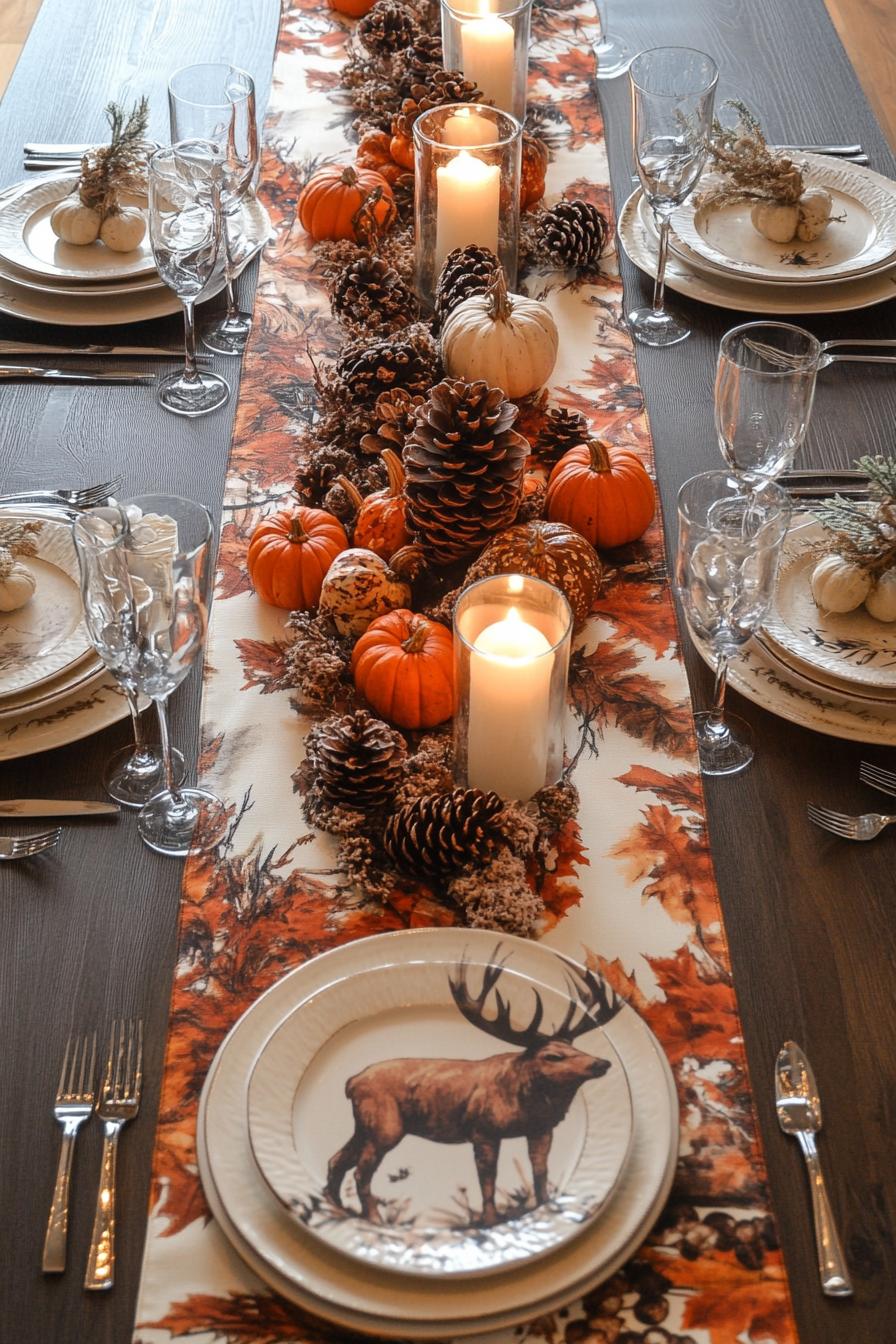 table decorated for thanksgiving with fall themed table runner pinecones candles and mini pumpkins 1