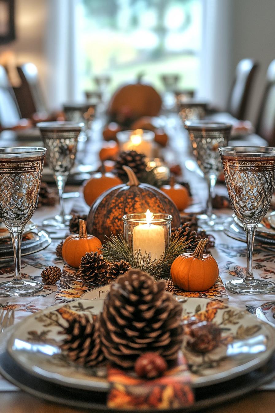 table decorated for thanksgiving with fall themed table runner pinecones candles and mini pumpkins 2