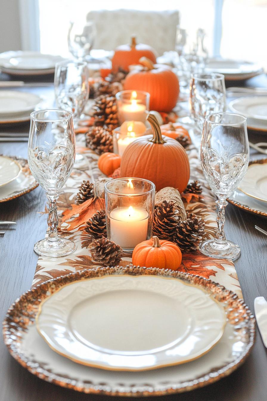 table decorated for thanksgiving with fall themed table runner pinecones candles and mini pumpkins 3