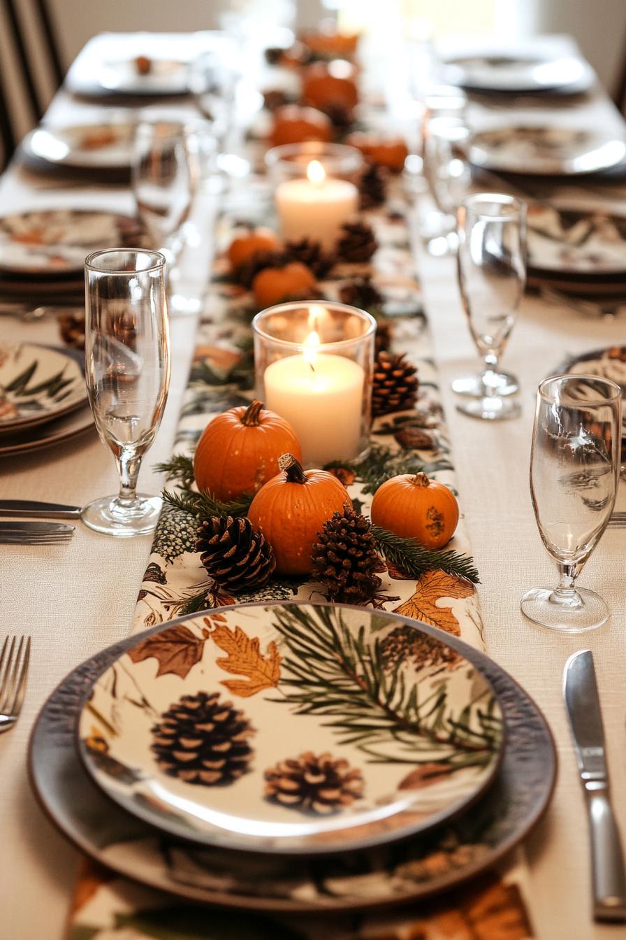 table decorated for thanksgiving with fall themed table runner pinecones candles and mini pumpkins