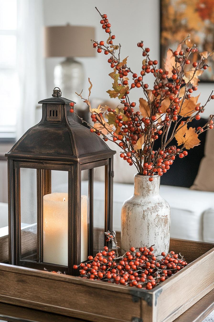 DIY fall living room decor with vintage lanterns embellished with faux berries 1