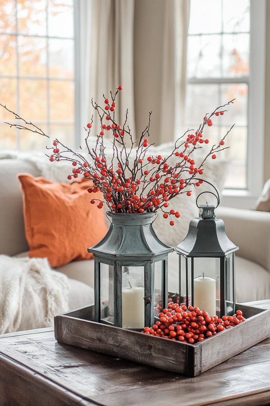 DIY fall living room decor with vintage lanterns embellished with faux berries 2