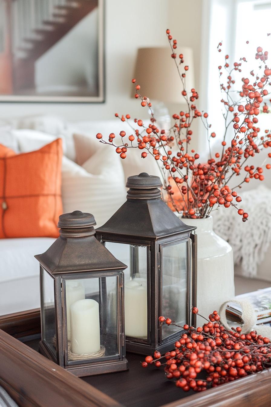 DIY fall living room decor with vintage lanterns embellished with faux berries