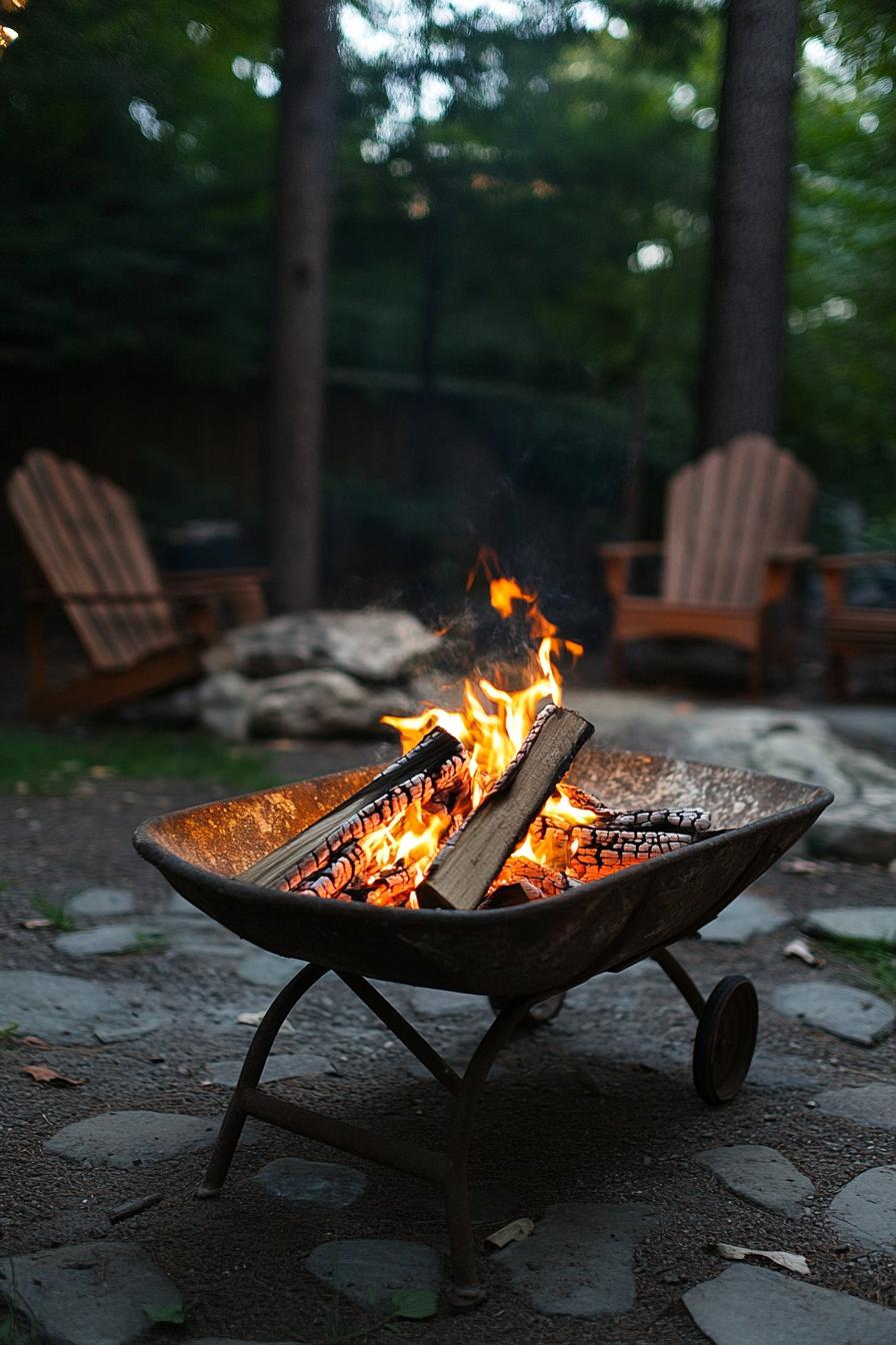 DIY firepit made of an old wheelbarrow in a backyard 1